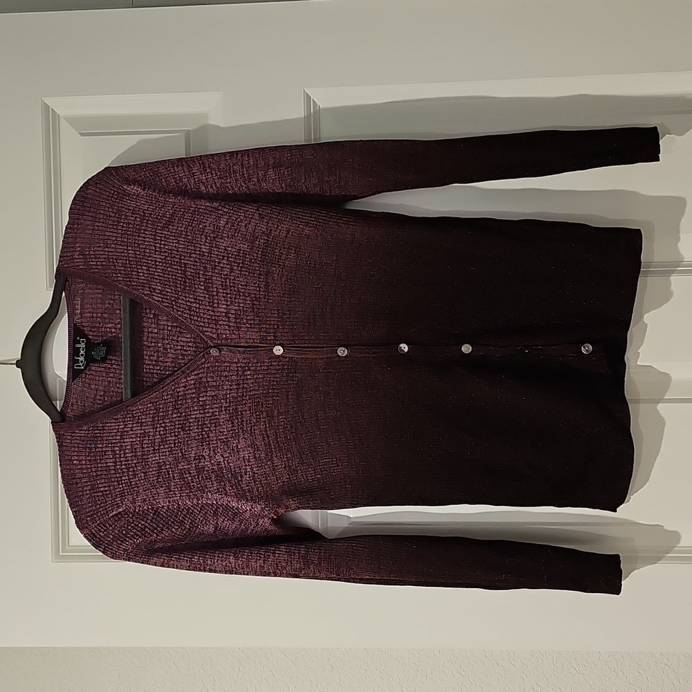 Rafaella Metallic Ombre V Neck Button Front Long Sleeve Cardigan Burgundy M